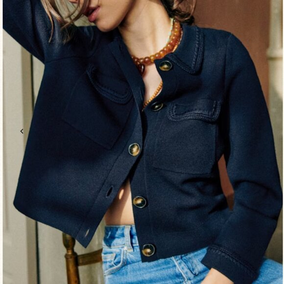 Sezane Sweaters - SEZANE Betty Cardigan Navy Crochet 100% Merino Wool Size XS